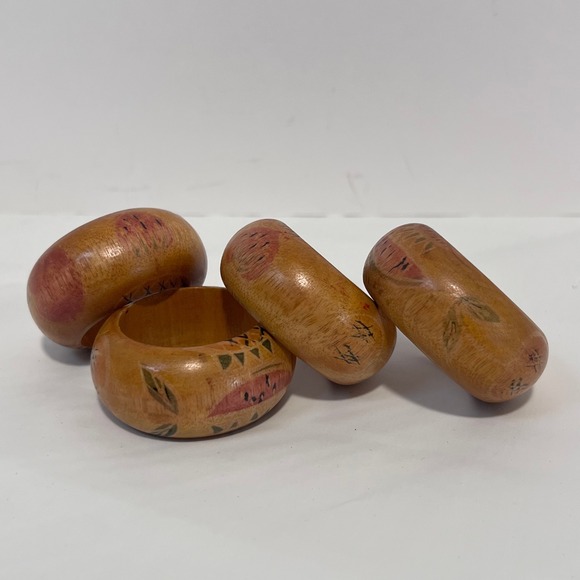 Vintage Hand Painted Wooden Napkin Rings Set of 4 Boho Decor Fall Accent - Picture 1 of 3